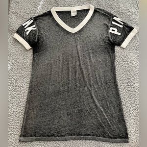 PINK Victoria’s Secret Burnout V-Neck Tee Charcoal Gray White Size Small